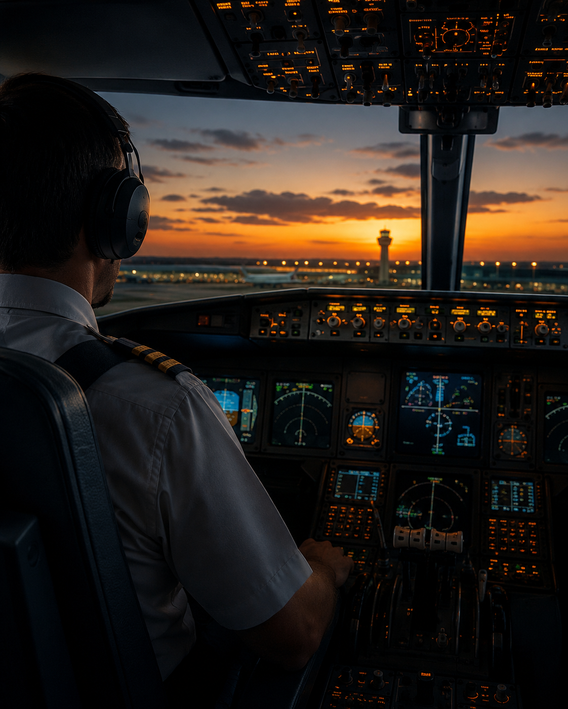 Cabina de avión comercial con asiento de piloto vacío